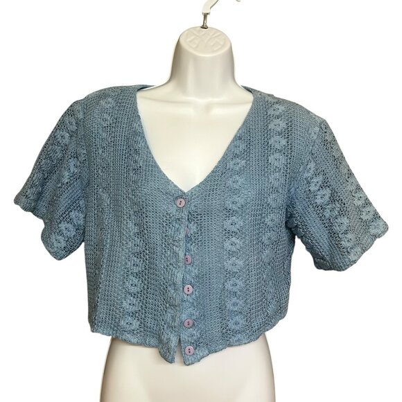 Vintage Blue Crochet Cropped Short Sleeve Cardigan Size M Country Cottage Vibe - Picture 1 of 4